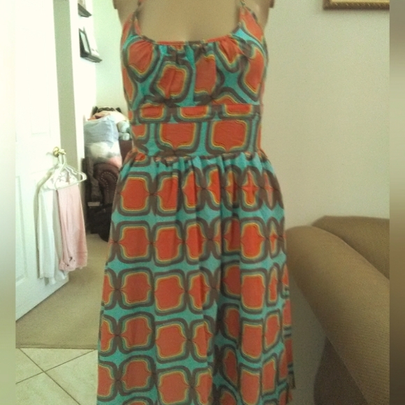 BNWOT UNIQUE BOUTIQUE DRESS BEAUTIFUL BLUE, ORANGE & BROWN GEOMETRIC A-LINE - Picture 1 of 8